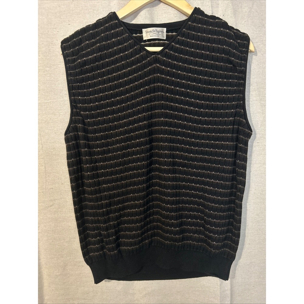 VTG Tricots St Raphael V Neck Striped Knit Sleeveless Vest Mens Size L